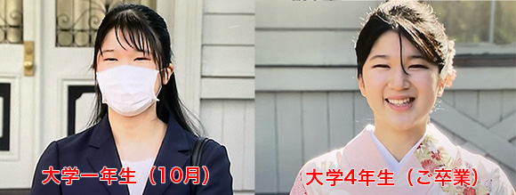 愛子さまの大学一年生、大学四年（卒業）のお写真の比較